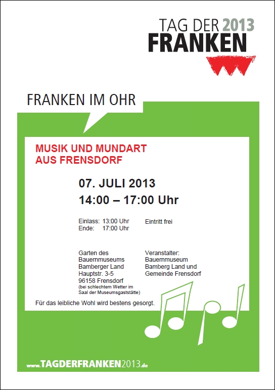Plakat zur Veranstaltung "Musik und Mundart" in Frensdorf anlässlich des Tages der Franken