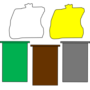 Symbol der Abfall-App des Landkreises. Es zeigt drei verschiedenfarbige Mülltonnen und den gelben Sack