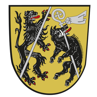 Wappen des Landkreises Bamberg: Kombiniert die Symbole des Klosters Ebrach (den Eber) und des Hochstifts Bamberg (den Löwen)