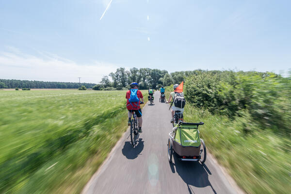 Bild vergr&ouml;&szlig;ern: Radfahrende in den Buger Wiesen in Richtung Pettstadt